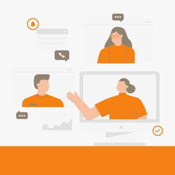 drie pictogrammen van drie mensen, in computer schermen