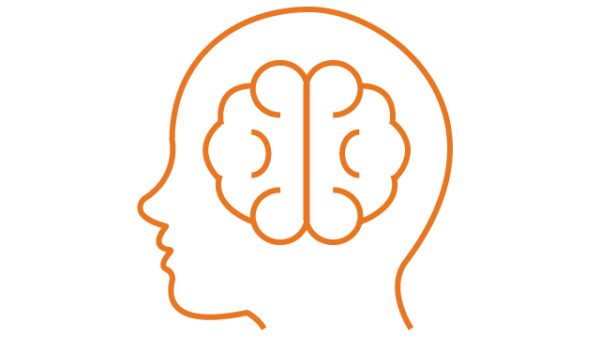 Pictogram van mensen hoofd met brein outline kleur oranje